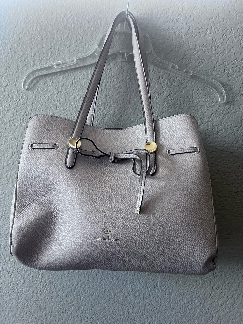 Nanette Lepore Arabelle Shoulder Bag Tote Pebbled Faux Leather Bow Grey